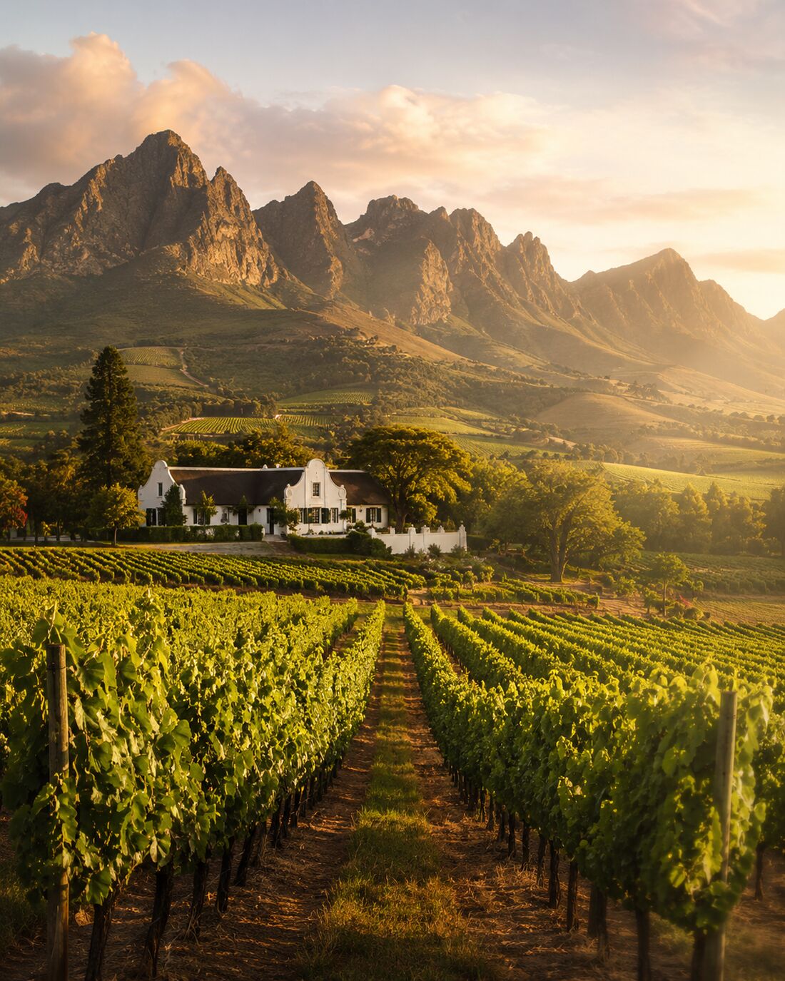 Vineyard rows leading to a Cape Dutch homestead beneath the peaks of the Cape Winelands