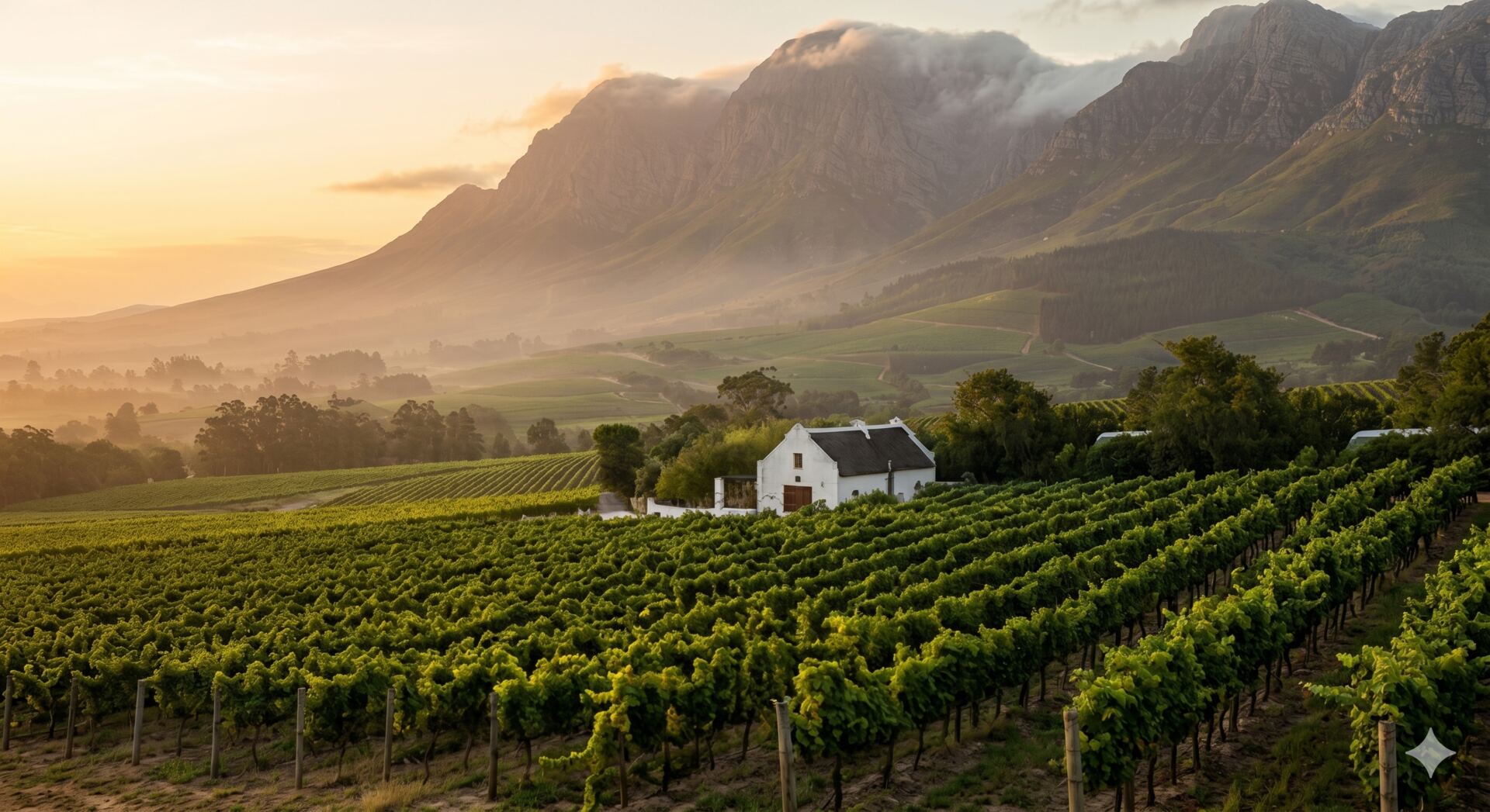 Morning mist over vineyards and a Cape Dutch farmhouse beneath the mountains of the Cape Winelands